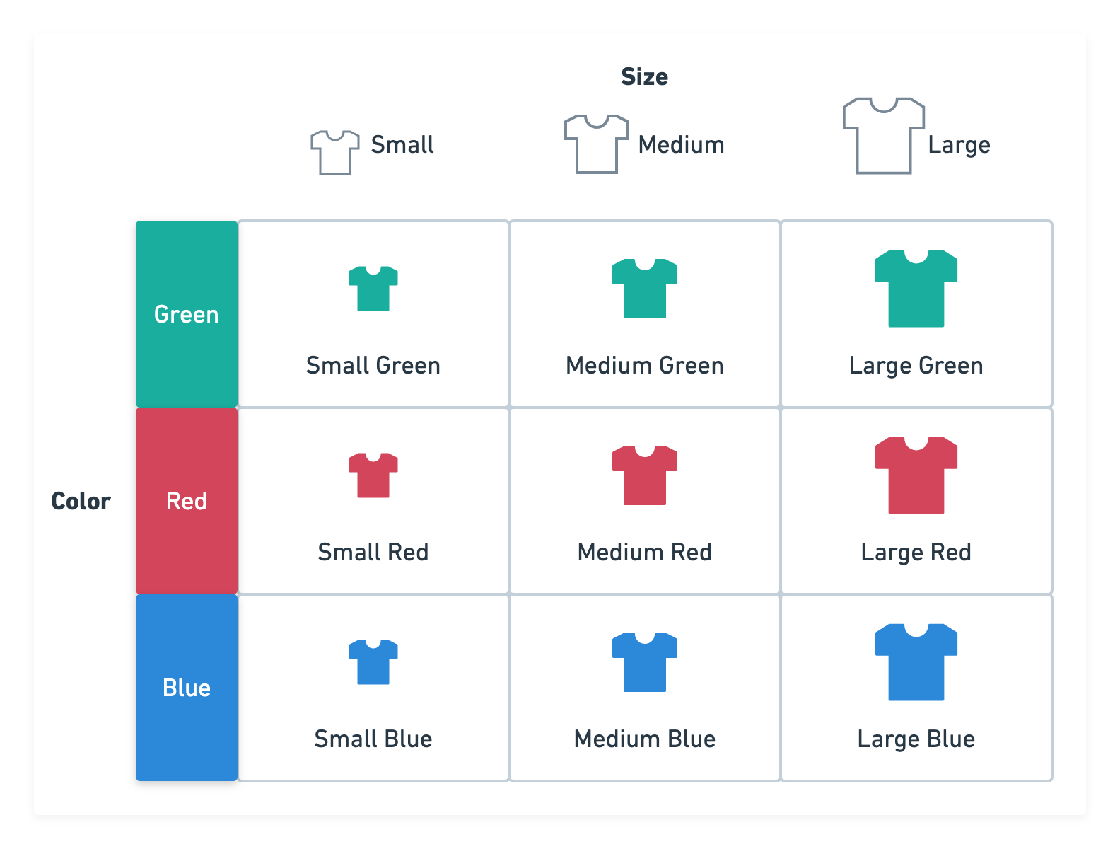 The sizes are across the top row and the colors are in the first column.